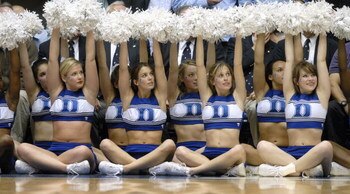 DURHAM, NC - FEBRUARY 7: Cheerleaders of the Duke University Blue Devils cheer on the sidelines against the North Carolina Tar Heels during the game on February 7 2007 at Cameron Indoor Stadium in Durham, N.C. North Carolina won 79-73. (Photo by Grant Hal