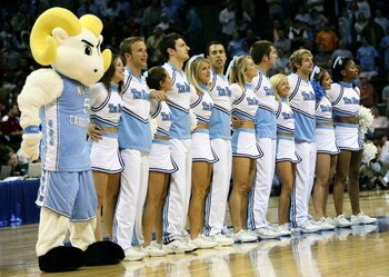 CHARLOTTE, NC - MARCH 27:  The North Carolina Tar Heels cheerleaders and mascot pose during a break in the game against the Washington State Cougars during the 2008 NCAA Men's East Regional Semifinal at Bobcats Arena on March 27, 2008 in Charlotte, North 