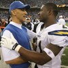 INDIANAPOLIS - JANUARY 13:  Head coach Tony Dungy of the Indianapolis Colts congratulates LaDainian Tomlinson #21 of the San Diego Chargers after the CHargers defeated the Colts 28-24 during their AFC Divisional Playoff game at the RCA Dome on January 13,