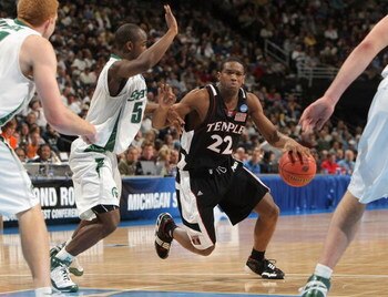 DENVER - MARCH 20:  Dionte Christmas #22 of the Temple Owls handles the ball against the Michigan State Spartans during the first round of the South Regional as part of the 2008 NCAA Men's Basketball Tournament at Pepsi Center on March 20, 2008 in Denver,