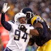 PITTSBURGH - JANUARY 11:  Jyles Tucker #94 of the San Diego Chargers rushes the passer against the Pittsburgh Steelers during their AFC Divisional Playoff Game on January 11, 2009 at Heinz Field in Pittsburgh, Pennsylvania.  (Photo by Gregory Shamus/Getty