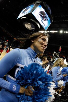 CHARLOTTE, NC - MARCH 29: North Carolina Tar Heels cheerleader performs during the game against the against the Louisville Cardinals during the 2008 NCAA Men's East Regional Final at Bobcats Arena on March 29, 2008 in Charlotte, North Carolina. (Photo b