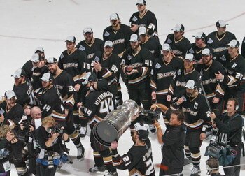 ANAHEIM, CA - JUNE 06:  Sean O'Donnell #21 of the Anaheim Ducks hoists the Stanley Cup after his team's victory over the Ottawa Senators during Game Five on June 6, 2007 at Honda Center in Anaheim, California. The Ducks defeated the Senators 6-2 to win th