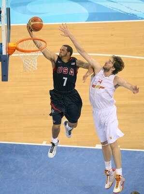BEIJING - AUGUST 24:  Deron Williams #7 of the United States lays the ball up past Pau Gasol #13 of Spain in the gold medal game during Day 16 of the Beijing 2008 Olympic Games at the Beijing Olympic Basketball Gymnasium on August 24, 2008 in Beijing, Chi