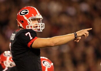 ATHENS, GA - SEPTEMBER 27:  Quarterback Matthew Stafford #7 of the Georgia Bulldogs points out assignments at the line of scrimmage while taking on the Alabama Crimson Tide at Sanford Stadium on September 27, 2008 in Athens, Georgia. Alabama defeated Geor