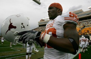 BOULDER, CO - OCTOBER 04:  Defensive end Brian Orakpo #98 of the Texas Longhorns warms up prior to facing the Colorado Buffaloes at Folsom Field on October 4, 2008 in Boulder, Colorado.  (Photo by Doug Pensinger/Getty Images)