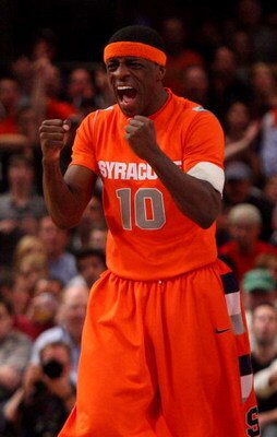 NEW YORK - MARCH 14:  Jonny Flynn #10 of the Syracuse Orange reacts to a call while playing against the Louisville Cardinals during the championship game of the Big East Tournament at Madison Square Garden on March 14, 2009 in New York City.  (Photo by Ji