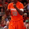 NEW YORK - MARCH 14:  Jonny Flynn #10 of the Syracuse Orange reacts to a call while playing against the Louisville Cardinals during the championship game of the Big East Tournament at Madison Square Garden on March 14, 2009 in New York City.  (Photo by Ji