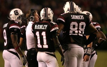 COLUMBIA, SC - NOVEMBER 01:  Head coach Steve Spurrier of the South Carolina Gamecocks talks to his team against the Tennessee Volunteers during their game on November 1, 2008 at Williams-Brice Stadium in Columbia, South Carolina.  (Photo by Streeter Leck
