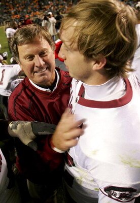 KNOXVILLE, TN - OCTOBER 29:  Head coach Steve Spurrier of the South Carolina Gamecocks celebrates a 16-15 victory over the Tennessee Volunteers with his quarterback Blake Mitchell during their game on October 29, 2005 at Neyland Stadium in Knoxville, Tenn