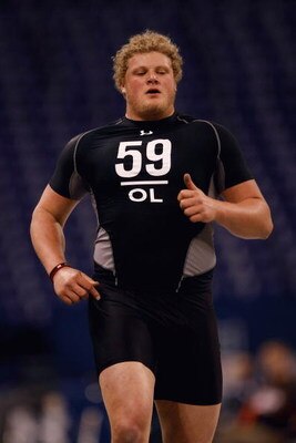 INDIANAPOLIS, IN - FEBRUARY 21:  Offensive lineman Eric Wood of Louisville runs the 40 yard dash during the NFL Scouting Combine presented by Under Armour at Lucas Oil Stadium on February 21, 2009 in Indianapolis, Indiana. (Photo by Scott Boehm/Getty Imag