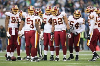 SEATTLE - NOVEMBER 23: London Fletcher #59 of the Washington Redskins leads the huddle during the game against the Seattle Seahawks on November 23, 2008 at Qwest Field in Seattle, Washington. (Photo by Otto Greule Jr/Getty Images)