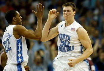 CHARLOTTE, NC - MARCH 15:  Tyler Hansbrough #50 of the North Carolina Tar Heels reacts with teammate Wayne Ellington #22 after Hansbrough made the game-winning shot with .8 seconds left against the Virginia Tech Hokies during the semifinals of the 2008 Me