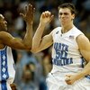 CHARLOTTE, NC - MARCH 15:  Tyler Hansbrough #50 of the North Carolina Tar Heels reacts with teammate Wayne Ellington #22 after Hansbrough made the game-winning shot with .8 seconds left against the Virginia Tech Hokies during the semifinals of the 2008 Me