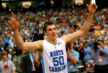 ATLANTA - MARCH 13:  Tyler Hansbrough #50 of the North Carolina Tar Heels reacts after defeating the Virginia Tech Hokies 79-76 during day two of the 2009 ACC Men's Basketball Tournament on March 13, 2009 at the Georgia Dome in Atlanta, Georgia.  (Photo b