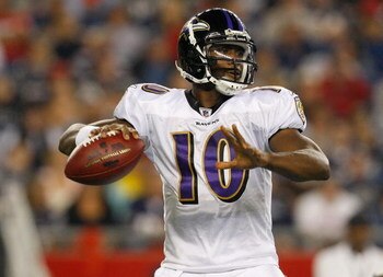 FOXBORO, MA - AUGUST 7:  Troy Smith #10 of the Baltimore Ravens looks for an open man against the New England Patriots during a preseason game at Gillette Stadium on August 7, 2008 in Foxboro, Massachusetts. (Photo by Jim Rogash/Getty Images)