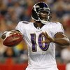 FOXBORO, MA - AUGUST 7:  Troy Smith #10 of the Baltimore Ravens looks for an open man against the New England Patriots during a preseason game at Gillette Stadium on August 7, 2008 in Foxboro, Massachusetts. (Photo by Jim Rogash/Getty Images)