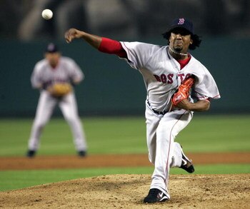 ANAHEIM, CA - OCTOBER 6:  Pitcher Pedro Martinez #45 of the Boston Red Sox delivers a pitch during the American League Division Series with the Anaheim Angels, Game Two on October 6, 2004 at Angels Stadium at Anaheim in Anaheim, California.   (Photo by St
