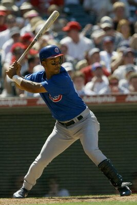 ANAHEIM, CA - JUNE 13:  Moises Alou #18 of the Chicago Cubs ready at bat during the game against the Anaheim Angels on June 13, 2004 at Angel Stadium in Anaheim, California.  The Cubs won 6-5.  (Photo by Stephen Dunn/Getty Images)