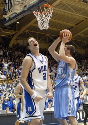 DURHAM, NC - FEBRUARY 7: Josh McRoberts #2 of the Duke University Blue Devils reacts on the court against Tyler Hansbrough #50 of the North Carolina Tar Heels during the game on February 7, 2007 at Cameron Indoor Stadium in Durham, N.C. North Carolina won