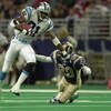 5 Nov 2000:  #81 Donald Hayes of the Carolina Panthers shoves off  #20 Taje Allen of the St. Louis Rams at the Trans World Dome in St. Louis, Missouri. The Panthers beat the Rams 27-24. DIGITAL IMAGE. Mandatory Credit: Elsa/ALLSPORT
