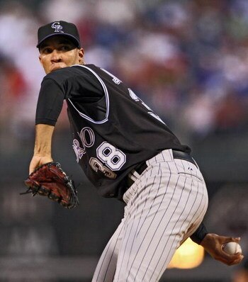 PHILADELPHIA - MAY 27: Ubaldo Jimenez #38 of the Colorado Rockies throws a pitch during the game against the Philadelphia Phillies at Citizens Bank Park May 27, 2008 in Philadelphia, Pennsylvania. (Photo by Drew Hallowell/Getty Images)