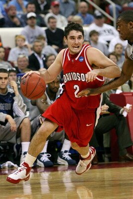 RALEIGH, NC - MARCH 23:  Jason Richards#2 of the Davidson Wildcats dribble drives baseline against the Georgetown Hoyas during the 2nd round of the East Regional of the 2008 NCAA Men's Basketball Tournament at RBC Center on March 23, 2008 in Raleigh, Nort