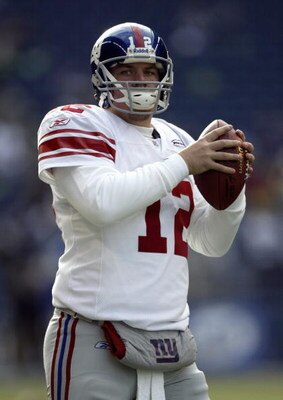 SEATTLE - NOVEMBER 27:  Quarterback Jared Lorenzen #12 of the New York Giants warms up prior to the game against the Seattle Seahawks at Qwest Field on November 27, 2005 in Seattle, Washington. The Seahawks won 24-21.  (Photo by Otto Greule Jr/Getty Image