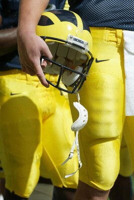 ANN ARBOR, MI - SEPTEMBER 27:  Detail of a University of Michigan Wolverines helmet before the game against the Indiana University at Bloomington Hoosiers, at Michigan Stadium on September 27, 2003 in Ann Arbor, Michigan. Michigan defeated Indiana 31-17. 