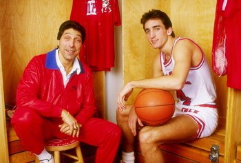 18 Jan 1988:  Vinnie Del Negro of the North Carolina State Wolfpack poses with coach Jim Valvano at Reynolds Coliseum in Raleigh, North Carolina. Mandatory Credit: Allsport  /Allsport