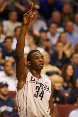 PHILADELPHIA - MARCH 21:  Hasheem Thabeet #34 of the Connecticut Huskies reacts from the bench during the game against the Texas A&M Aggies during the second round of the NCAA Division I Men's Basketball Tournament at the Wachovia Center on March 21, 2009