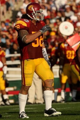 PASADENA, CA - JANUARY 01:  Rey Maualuga #58 of the USC Trojans plays defense during the game against the Penn State Nittany Lions during the 95th Rose Bowl Game presented by Citi on January 1, 2009 at the Rose Bowl in Pasadena, California.  (Photo by Ste