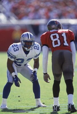 9 Dec 2001:  Cornerback Terry Fair #23 of the Detroit Lions and wide receiver Jacquez G. wait for the snap during the NFL game at Raymond James Stadium in Tampa Bay, Florida.  The Buccaneers defeated the Lions 15-12.  Mandatory Credit:  Andy Lyons/Getty I