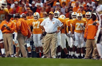 KNOXVILLE, TN - NOVEMBER 24:  Head Coach Phillip Fulmer of the Tennessee Volunteers stands on the sidelines against the Vanderbilt Commodores during the game on November 24, 2001 at Neyland Stadium in Knoxville, Tennessee. Tennesse won 38-0. (Photo by Dou