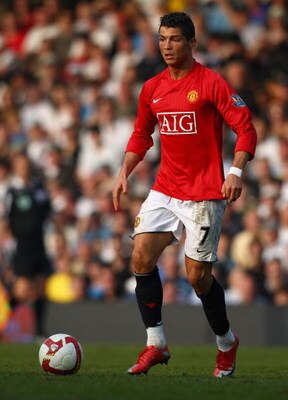 LONDON - MARCH 21:  Cristiano Ronaldo of Manchester United runs with the ball during the Barclays Premier League match between Fulham and Manchester United at Craven Cottage on March 21, 2009 in London, England.  (Photo by Ryan Pierse/Getty Images)