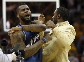 CLEVELAND - APRIL 30:  DeShawn Stevenson #2 and Gilbert Arenas #0 of the Washington Wizards celebrate a 88-87 victory over the Cleveland Cavaliers in Game Five of the Eastern Conference Quarterfinals during the 2008 NBA Playoffs at Quicken Loans Arena on 