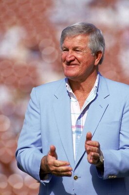 LOS ANGELES - NOVEMBER 11:  Hall of Famer and former Raiders quarterback, George Blanda, attends a game between the Green Bay Packers and the Los Angeles Raiders at the Los Angeles Memorial Coliseum on November 11, 1990 in Los Angeles, California.  The Pa