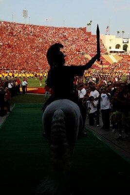 LOS ANGELES, CA - SEPTEMBER 13:  Traveler, the mascot horse of the USC Trojans, enters the field before the Trojans take on the Ohio State Buckeyes during the college football game at the Los Angeles Memorial Coliseum on September 13, 2008 in Los Angeles,
