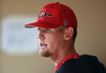 SAN DIEGO, CA- APRIL 3:  Starting Pitcher Stephen Strasburg #37 of the San Diego State Aztecs looks on from the dugout against the UC Davis Aggies during their game on April 3, 2009 at Petco Park in San Diego, California. (Photo by Donald Miralle/Getty Im