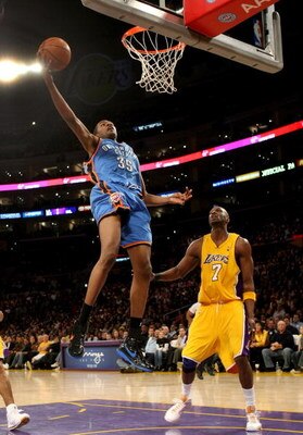 LOS ANGELES, CA - FEBRUARY 10:  Kevin Durant #35 of the Oklahoma City Thunder goes up for a shot over Lamar Odom #7 of the Los Angeles Lakers on February 10, 2009 at Staples Center in Los Angeles, California.  The Lakers won 105-98.   NOTE TO USER: User e
