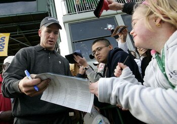 PEBBLE BEACH, CA - FEBRUARY 14: NFL quarterback Peyton Manning signs autographs on the 18th hole at Pebble Beach Golf Course during the third round of the AT&T Pebble Beach National Pro-Am on February 14, 2009 in Pebble Beach, California. (Photo by Max Mo