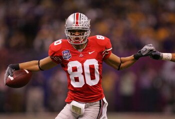 NEW ORLEANS - JANUARY 07:  Brian Robiskie #80 of the Ohio State Buckeyes runs against the Louisiana State University Tigers during the AllState BCS National Championship on January 7, 2008 at the Louisiana Superdome in New Orleans, Louisiana.  (Photo by S