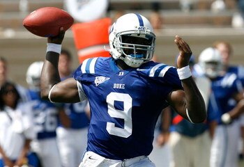 DURHAM, NC - SEPTEMBER 13:  Quarterback Thaddeus Lewis #9 of the Duke Blue Devils passes against the Navy Midshipmen during the game at Wallace Wade Stadium on September 13, 2008 in Durham, North Carolina.  (Photo by Kevin C. Cox/Getty Images)