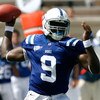 DURHAM, NC - SEPTEMBER 13:  Quarterback Thaddeus Lewis #9 of the Duke Blue Devils passes against the Navy Midshipmen during the game at Wallace Wade Stadium on September 13, 2008 in Durham, North Carolina.  (Photo by Kevin C. Cox/Getty Images)