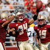 CHESTNUT HILL, MA - SEPTEMBER 22:  Linebacker Mark Herzlich of the Boston College Eagles celebrates his interception with teammates against the Army Black Knights at Alumni Stadium September 22, 2007 in Chestnut Hill, Massachusetts.  (Photo by Jim Rogash/