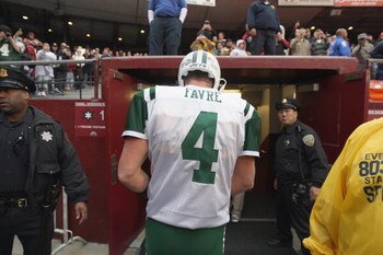 SAN FRANCISCO - DECEMBER 07: Quarterback Brett Favre #4 of the New York Jets walks to the tunnel against the San Francisco 49ers during an NFL game on December 7, 2008 at Candlestick Park in San Francisco, California. (Photo by Jed Jacobsohn/Getty Images