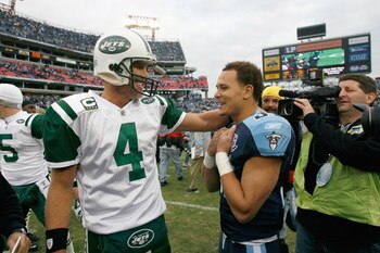 NASHVILLE, TN - NOVEMBER 23:  Brett Favre #4 of the New York Jets greets Cortland Finnegan #31 of the Tennessee Titans after the game at LP Field on November 23, 2008 in Nashville, Tennessee. (Photo by Kevin C. Cox/Getty Images)