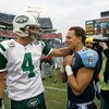 NASHVILLE, TN - NOVEMBER 23:  Brett Favre #4 of the New York Jets greets Cortland Finnegan #31 of the Tennessee Titans after the game at LP Field on November 23, 2008 in Nashville, Tennessee. (Photo by Kevin C. Cox/Getty Images)