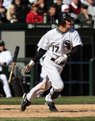 CHICAGO - APRIL 7: Chris Getz #17 of the Chicago White Sox hits a single in the 8th inning against the Kansas City Royals during the Opening Day game on April 7, 2009 at U.S. Cellular Field in Chicago, Illinois. The White Sox defeated the Royals 4-2. (Pho