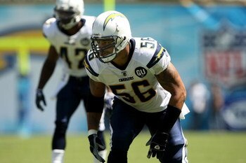 SAN DIEGO - SEPTEMBER 07:  Linebacker Shawne Merriman #56 of the San Diego Chargers sets on the line of scrimmage against the Carolina Panthers on September 7, 2008 at Qualcomm Stadium in San Diego, California. The Panthers won 26-24.  (Photo by Stephen D